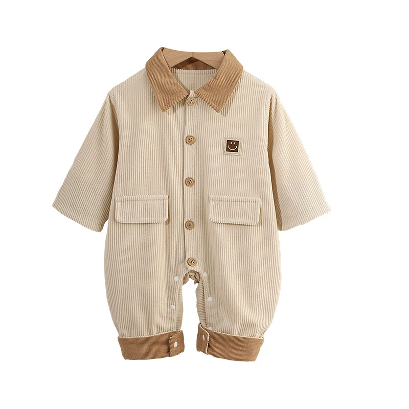 Brown Collar and Smile Emblem Corduroy Romper