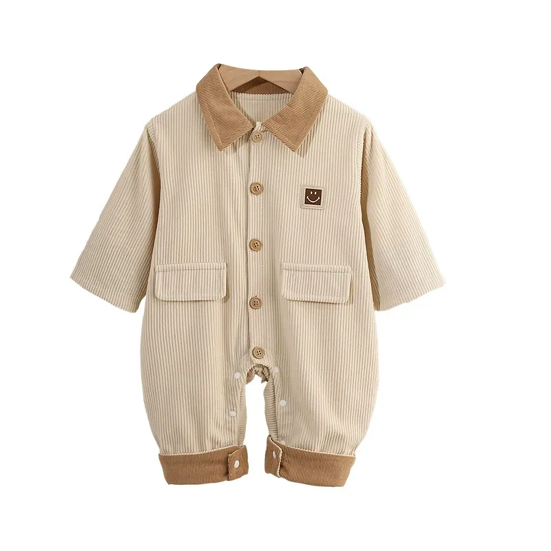 Brown Collar and Smile Emblem Corduroy Romper