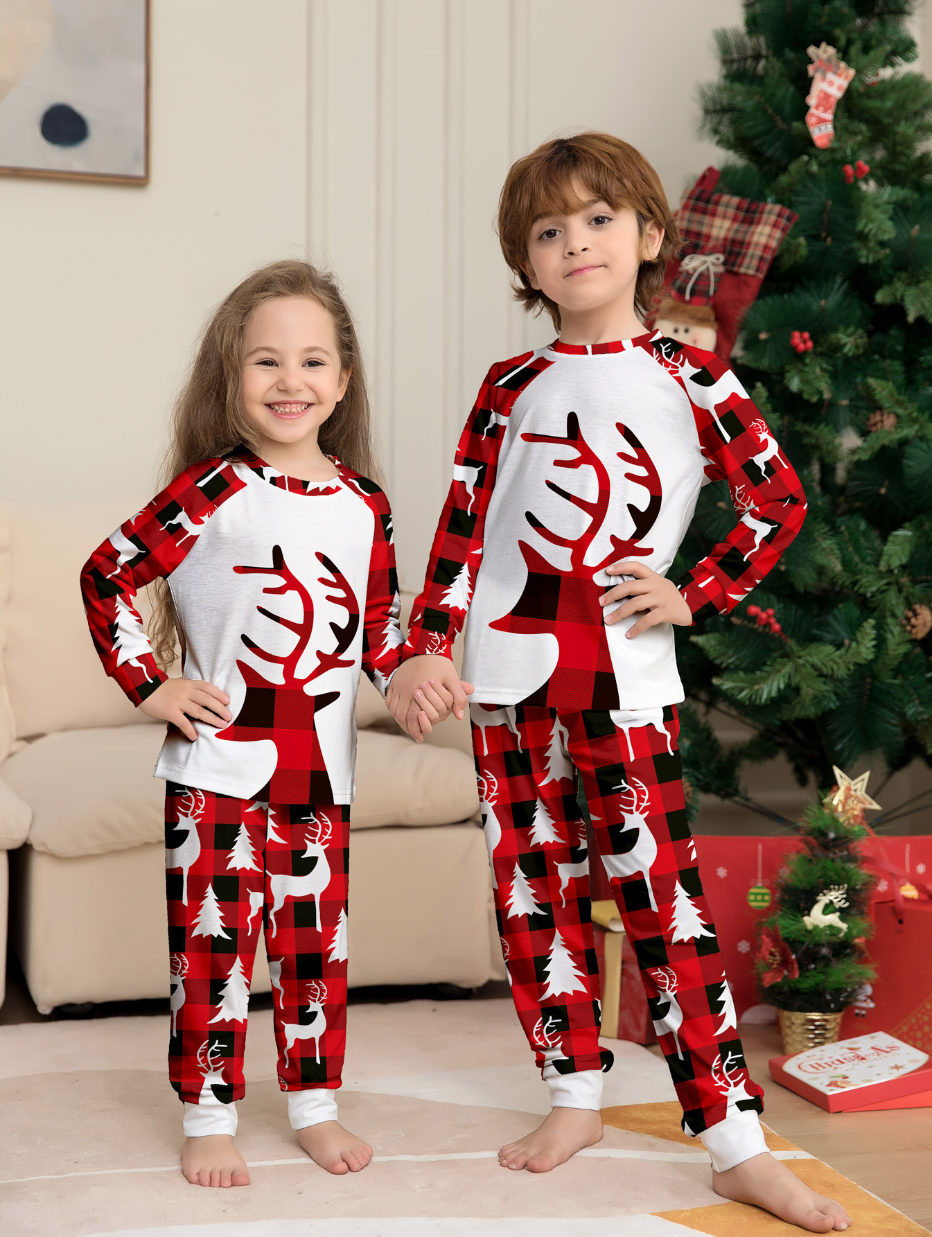 Matching Christmas Pajamas Deer Plaid Long-sleeve Pajamas Sets