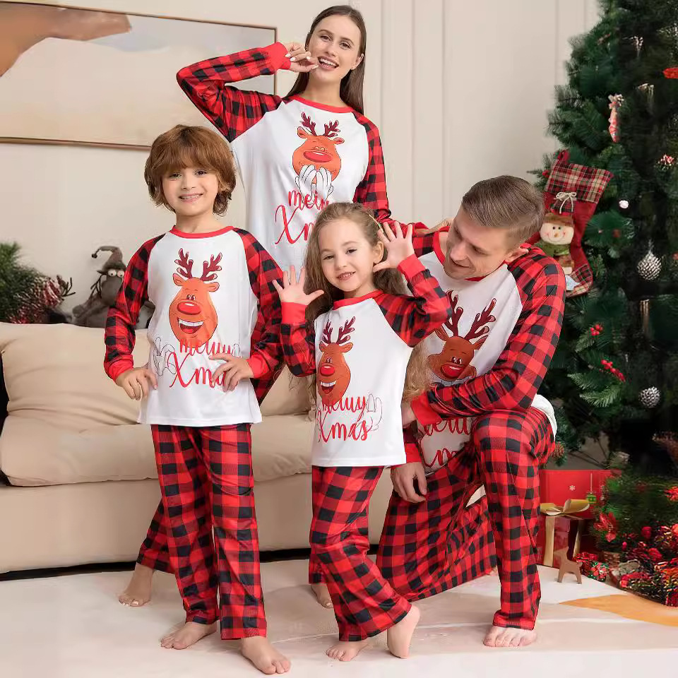 Matching Christmas Pajamas Deer Plaid Long-sleeve Pajamas Sets
