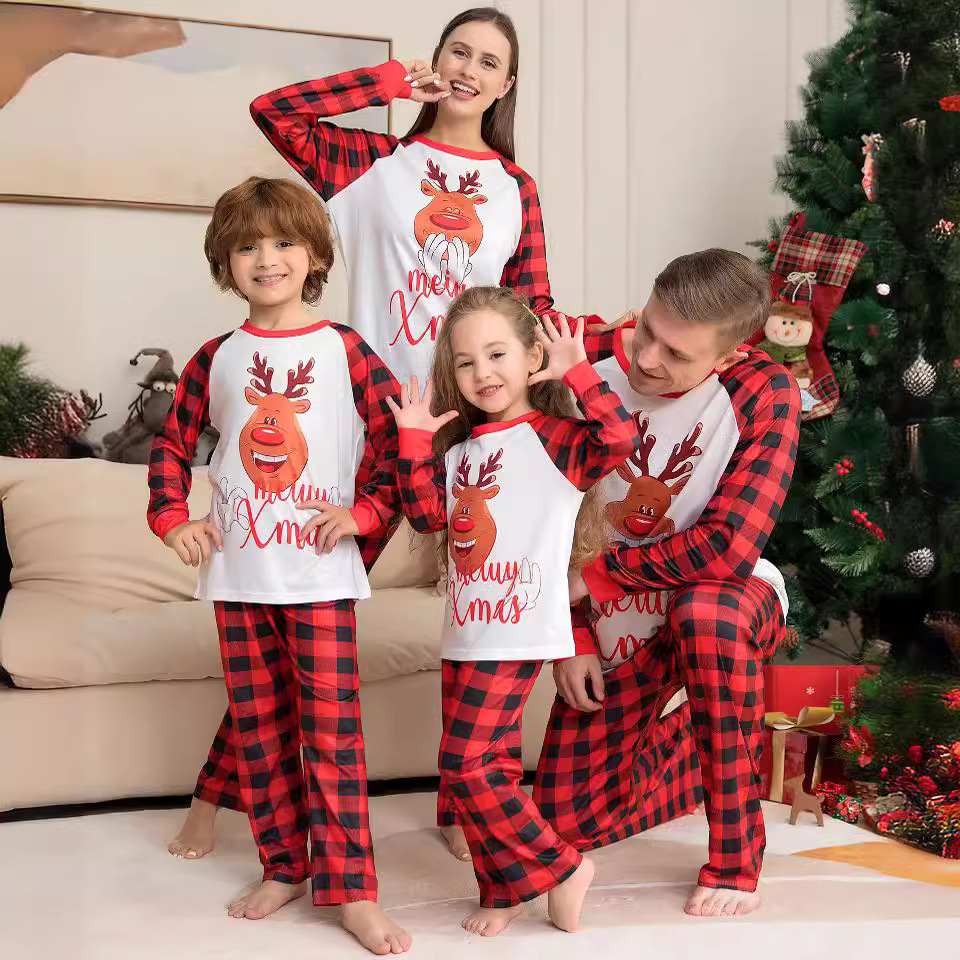 Matching Christmas Pajamas Deer Plaid Long-sleeve Pajamas Sets
