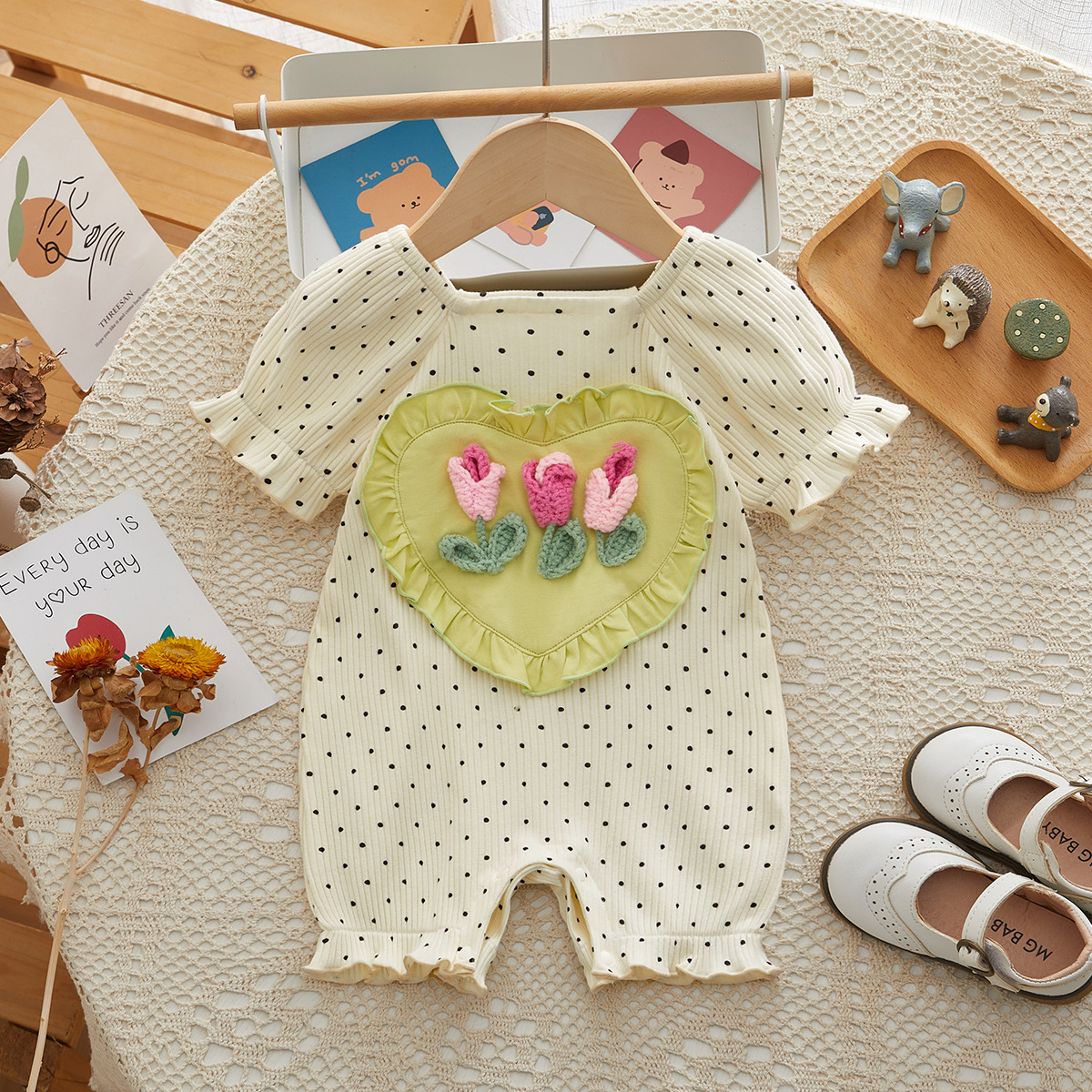Polka Dots Crocheted Tulip and Heart - shaped Decoration Romper
