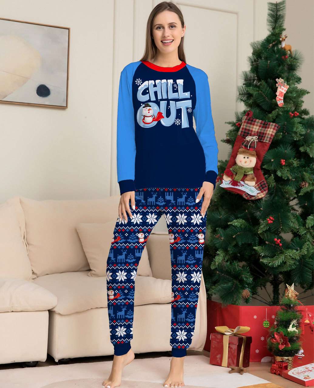Matching Christmas Pajamas Letter Snowflake Print Long-sleeve Pajamas Sets