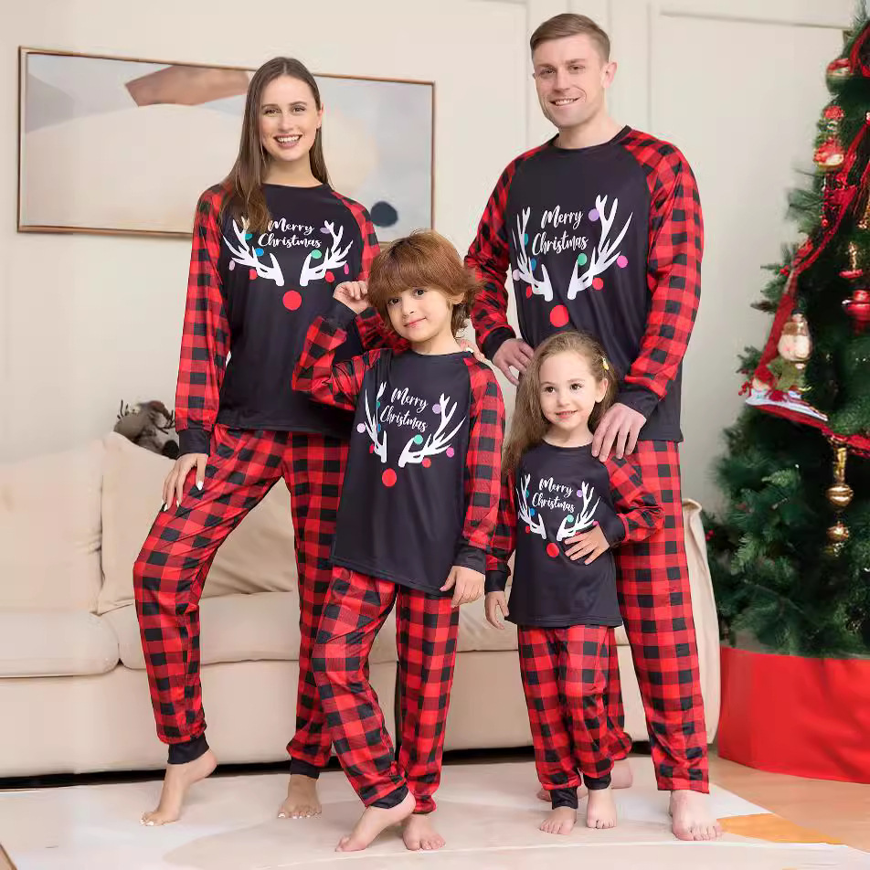 Matching Christmas Pajamas Deer Plaid Long-sleeve Pajamas Sets
