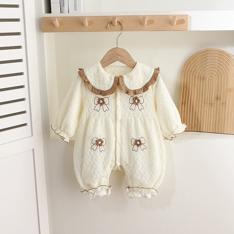 Baby Girl Brown Trimmed Collar and Bow Embroidery Romper