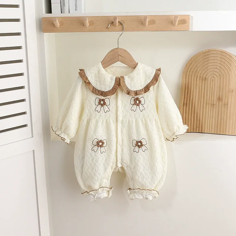 Baby Girl Brown Trimmed Collar and Bow Embroidery Romper