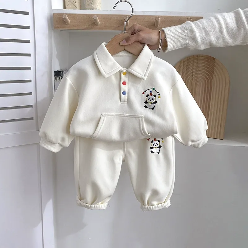 2pcs Panda Embroidered Polo Hoodie and Pants Set