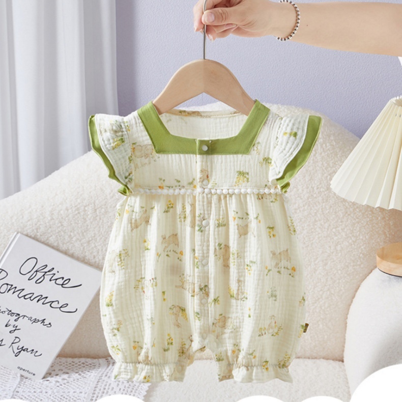 Elephant Print Green Collar and Ruffled Sleeves Baby Romper