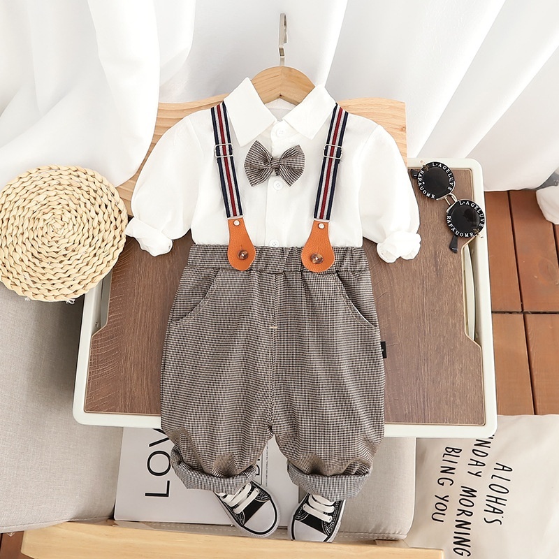 2pcs Baby Boy Little Bow Tie Chambray Strappy Pants Set
