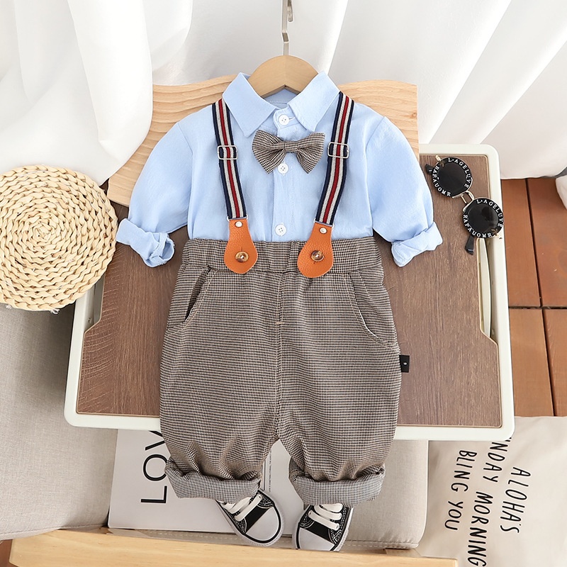 2pcs Baby Boy Little Bow Tie Chambray Strappy Pants  Set