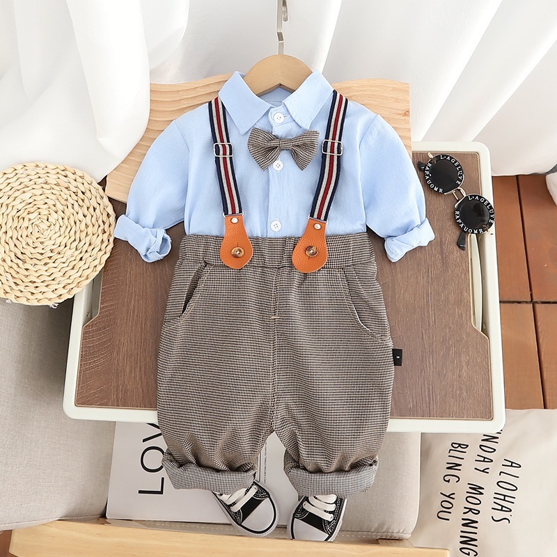 2pcs Baby Boy Little Bow Tie Chambray Strappy Pants Set