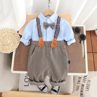2pcs Baby Boy Little Bow Tie Chambray Strappy Pants  Set