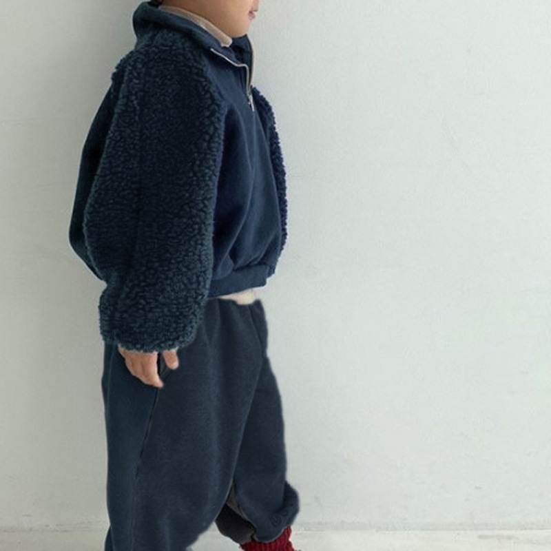 Chambray Patchwork Fleece Sweatshirt Two Piece Set