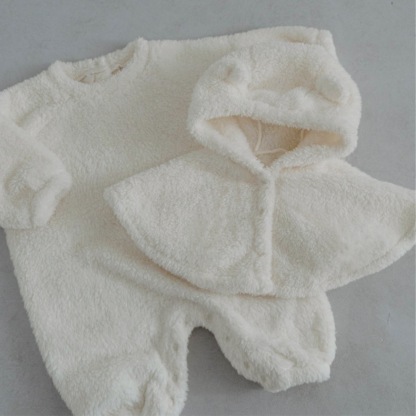 Baby Plush Thickened Bodysuit with Bear Cape Set