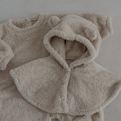 Baby Plush Thickened Bodysuit with Bear Cape Set