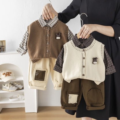 Baby Boy Bear Head Cardigan Three-Piece Set