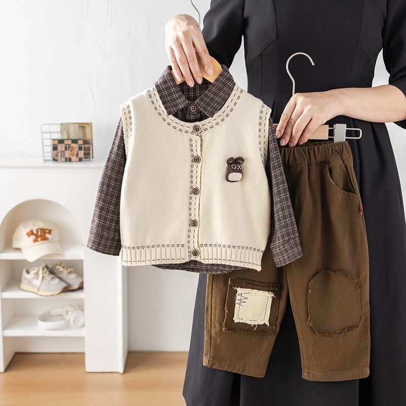 Baby Boy Bear Head Cardigan Three-Piece Set