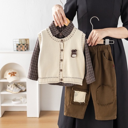 Baby Boy Bear Head Cardigan Three-Piece Set