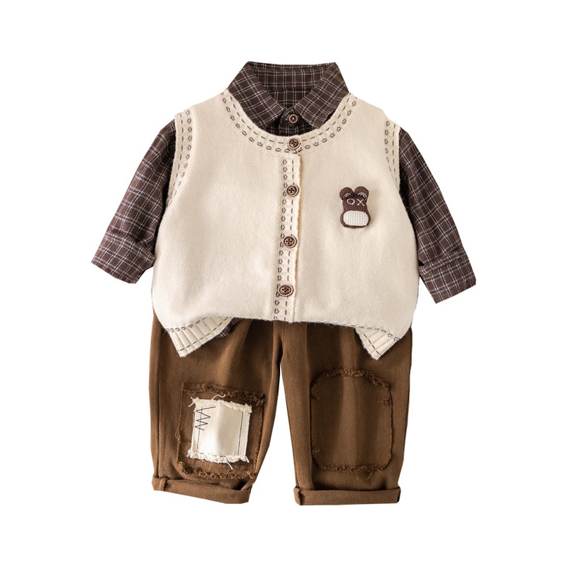 Baby Boy Bear Head Cardigan Three-Piece Set