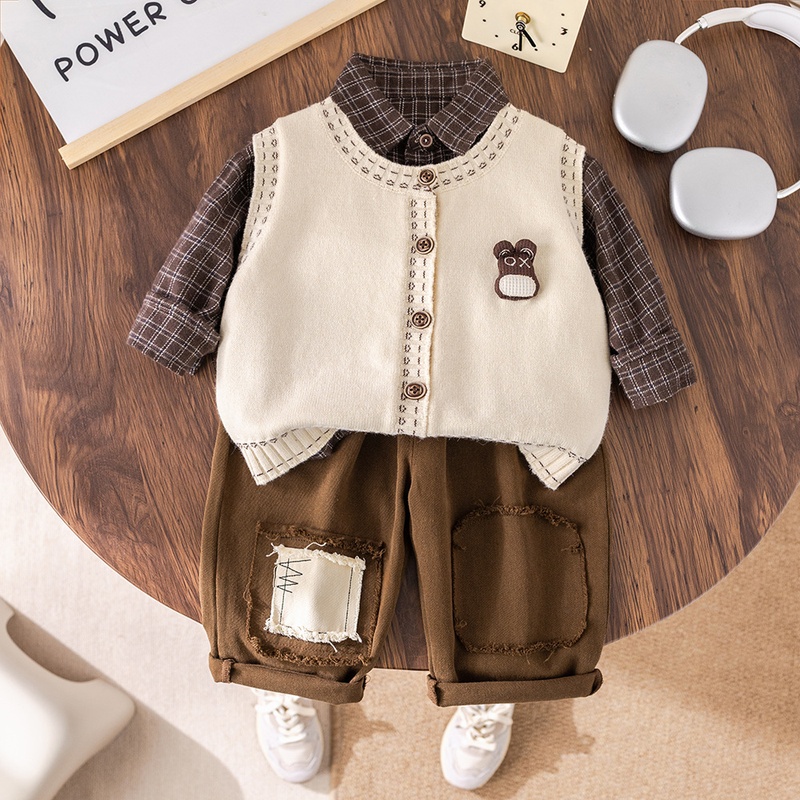 Baby Boy Bear Head Cardigan Three-Piece Set