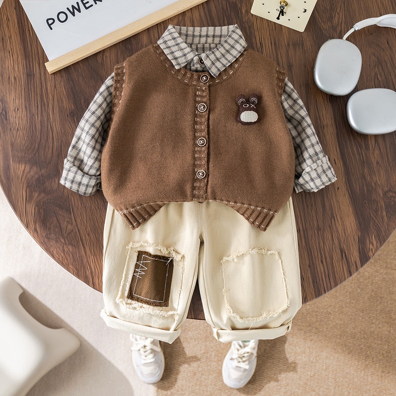 Baby Boy Bear Head Cardigan Three-Piece Set