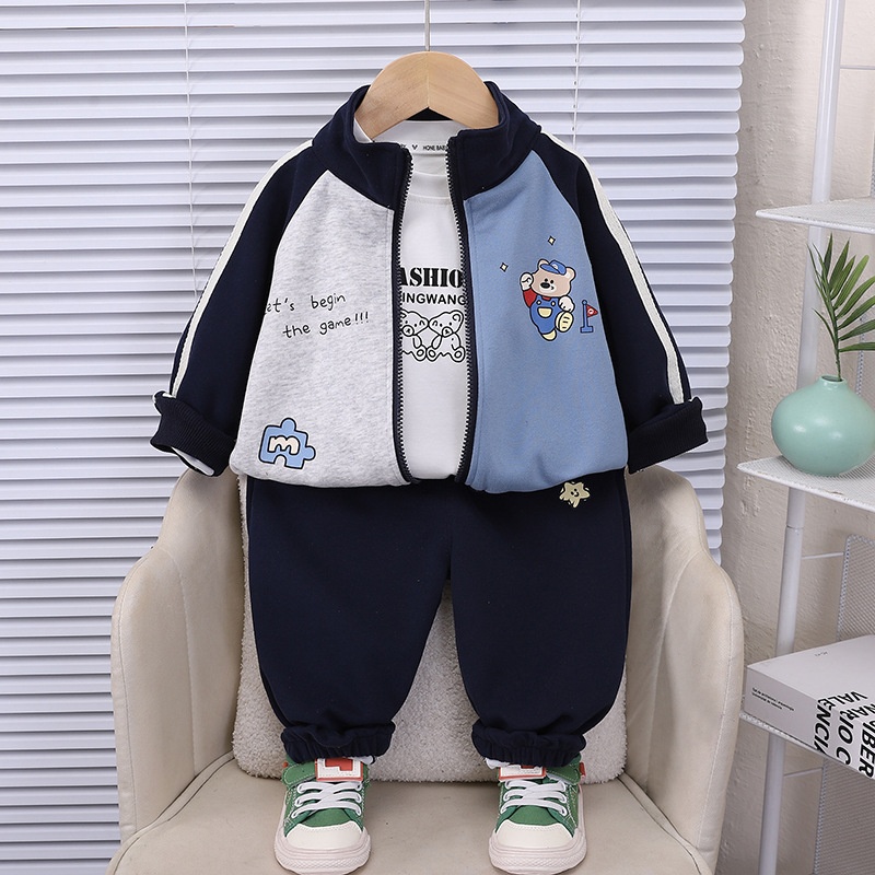 Baby Boy Color Block Bear Three-Piece Set