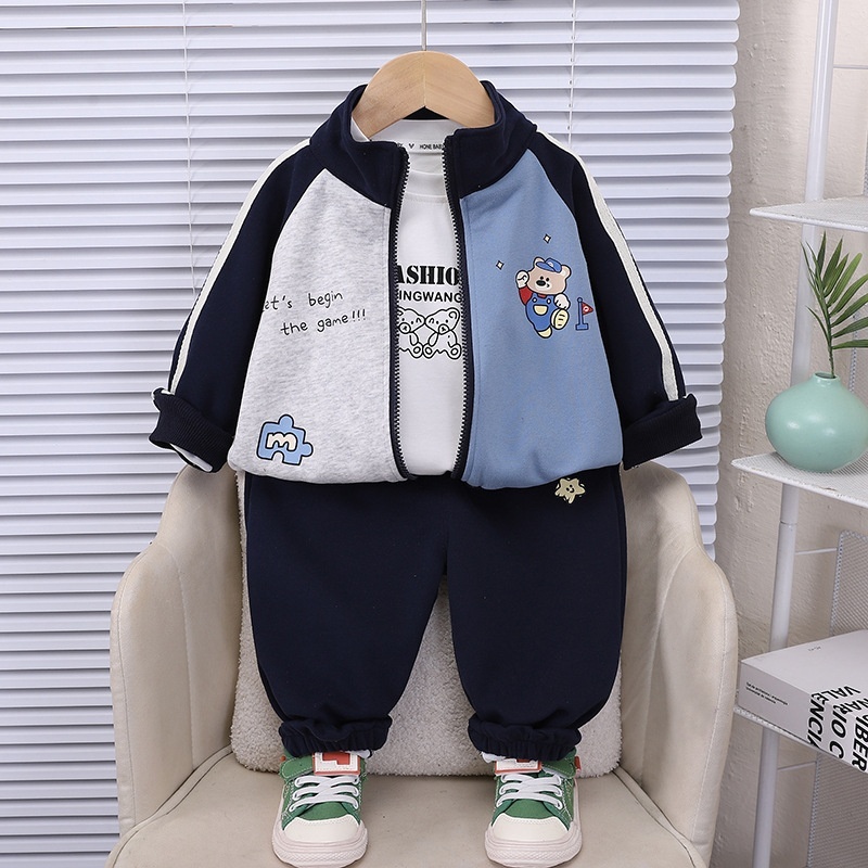 Baby Boy Color Block Bear Three-Piece Set - kissminis