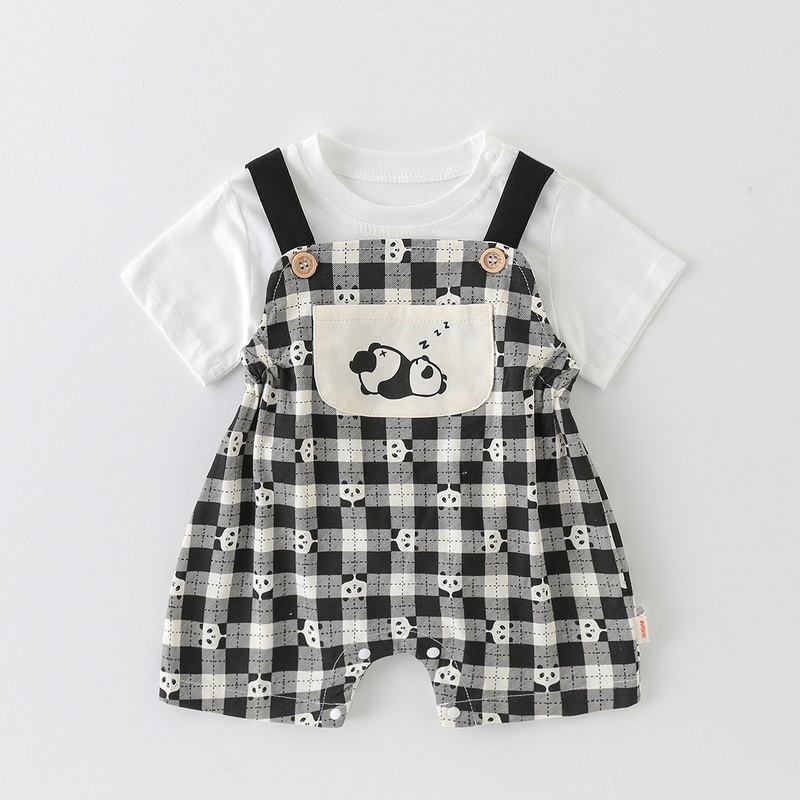 Baby Unisex Plaid Suspenders Short Sleeve Romper Set