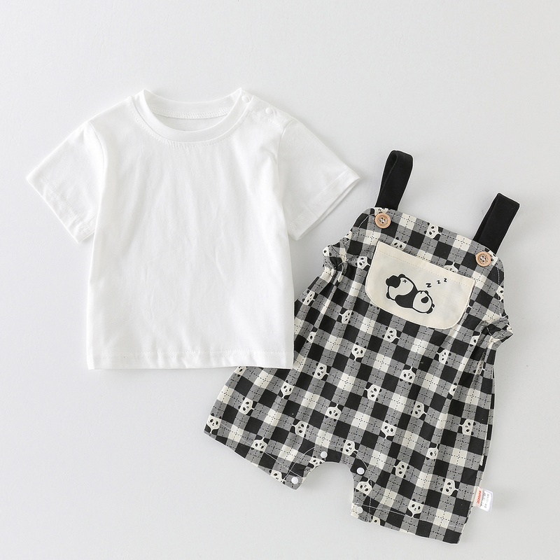 Baby Unisex Plaid Suspenders Short Sleeve Romper Set