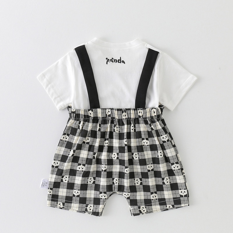 Baby Unisex Plaid Suspenders Short Sleeve Romper Set