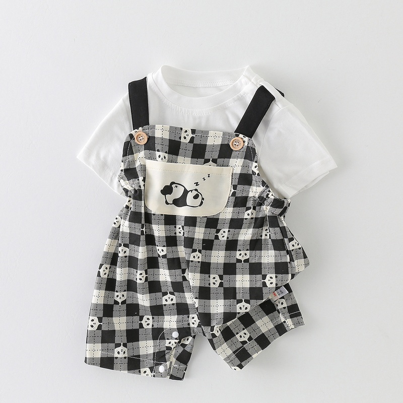 Baby Unisex Plaid Suspenders Short Sleeve Romper Set