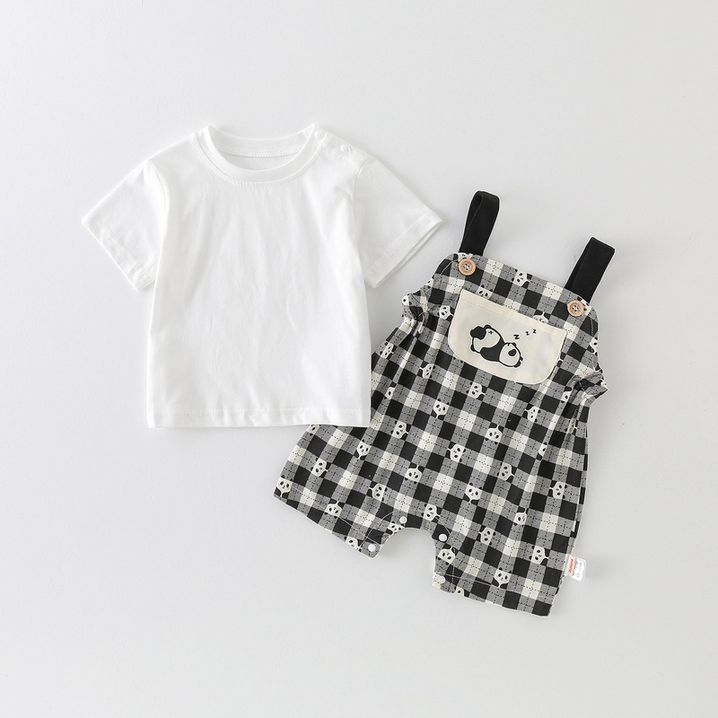 Baby Unisex Plaid Suspenders Short Sleeve Romper Set