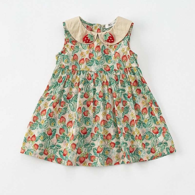 Baby Toddler Girl Strawberry Lapel Collar Sleeveless Dress-kissminis