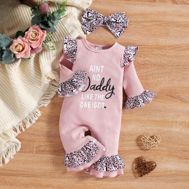Baby Girl Cotton Pit Stripe Letter Patchwork Love Leopard Print Romper with Hairband