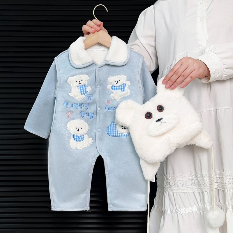 Baby Unisex Happy Puppy Fleece Hoodie Long Sleeve Romper