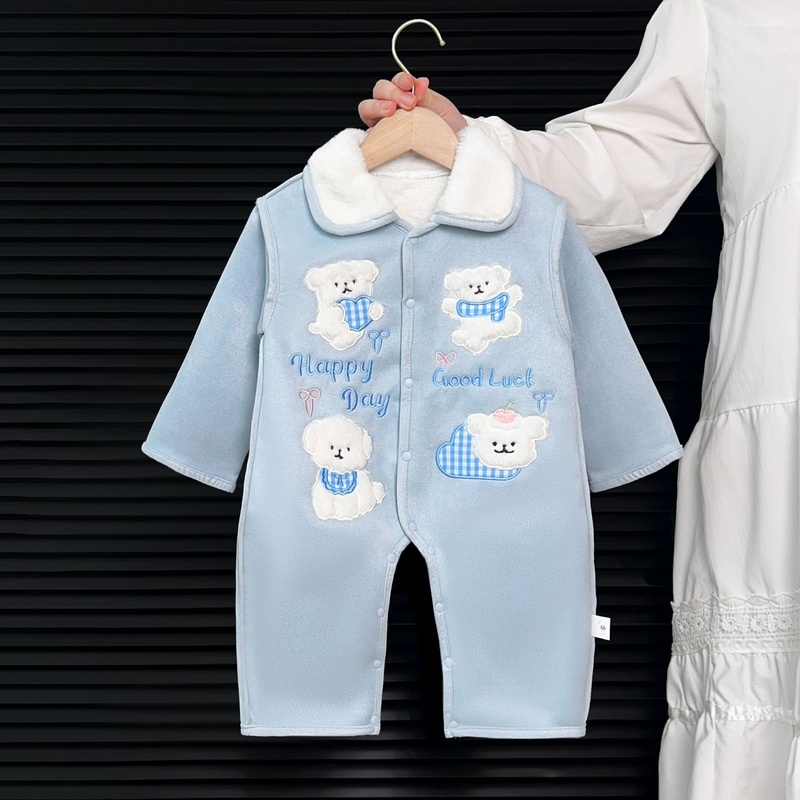 Baby Unisex Happy Puppy Fleece Hoodie Long Sleeve Romper