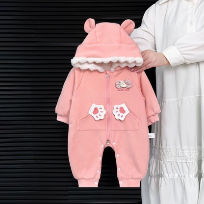 Baby Girl Pink Sweet Cat Hoodie Long Sleeve Romper