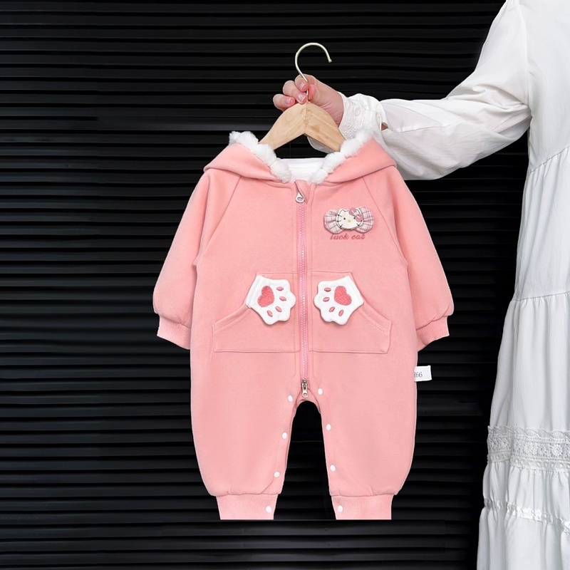 Baby Girl Pink Sweet Cat Hoodie Long Sleeve Romper
