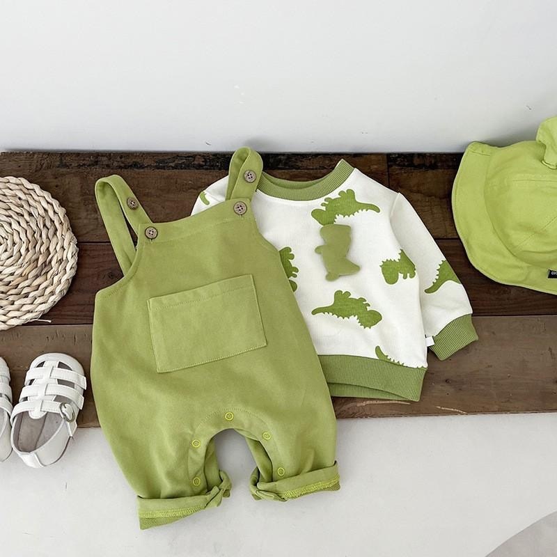 Baby Boy Dinosaur Suspenders Long Sleeve Romper Set