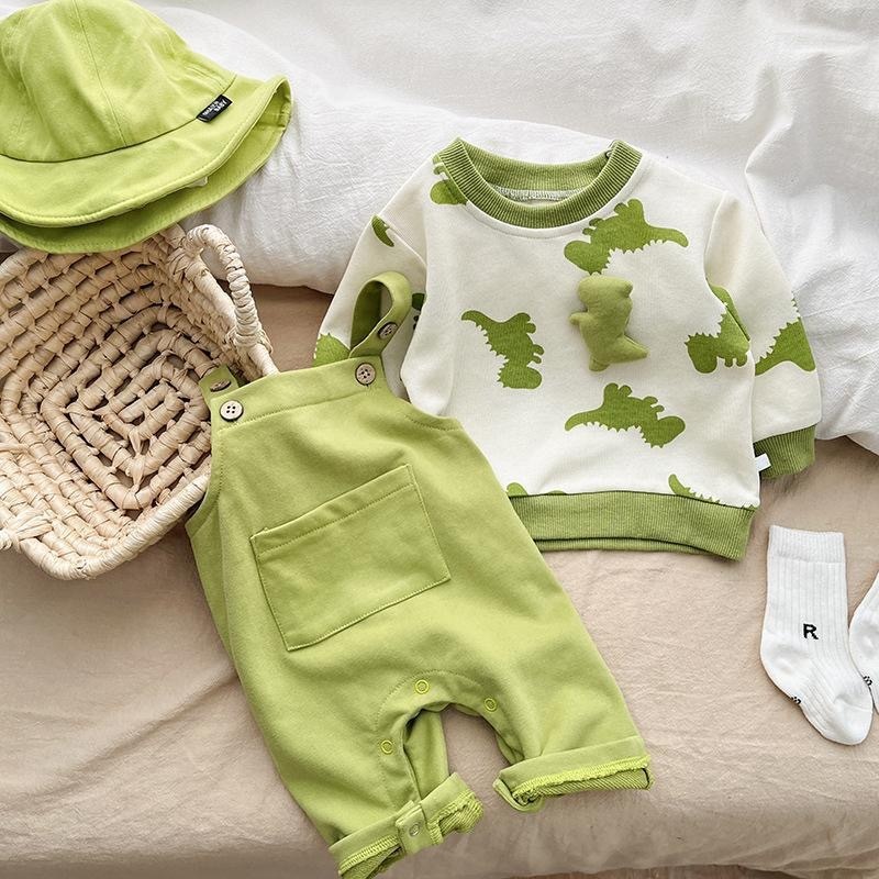 Baby Boy Dinosaur Suspenders Long Sleeve Romper Set