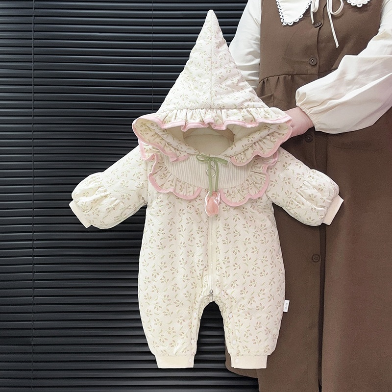 Baby Girl Sweet Floral Hoodie Padded Long Sleeve Romper