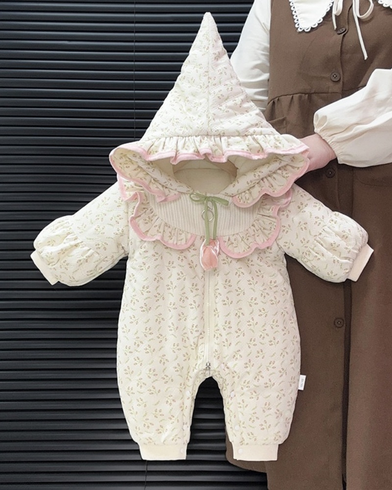 Baby Girl Sweet Floral Hoodie Padded Long Sleeve Romper