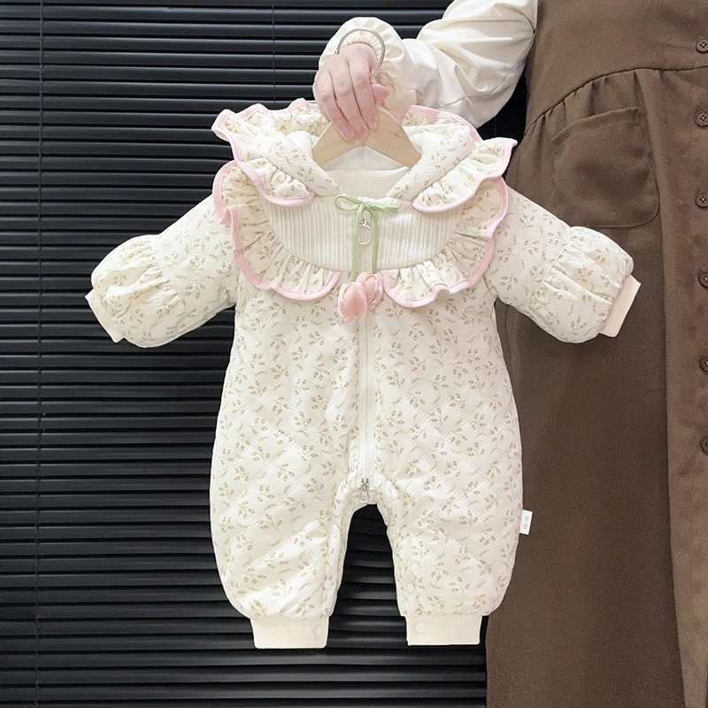 Baby Girl Sweet Floral Hoodie Padded Long Sleeve Romper
