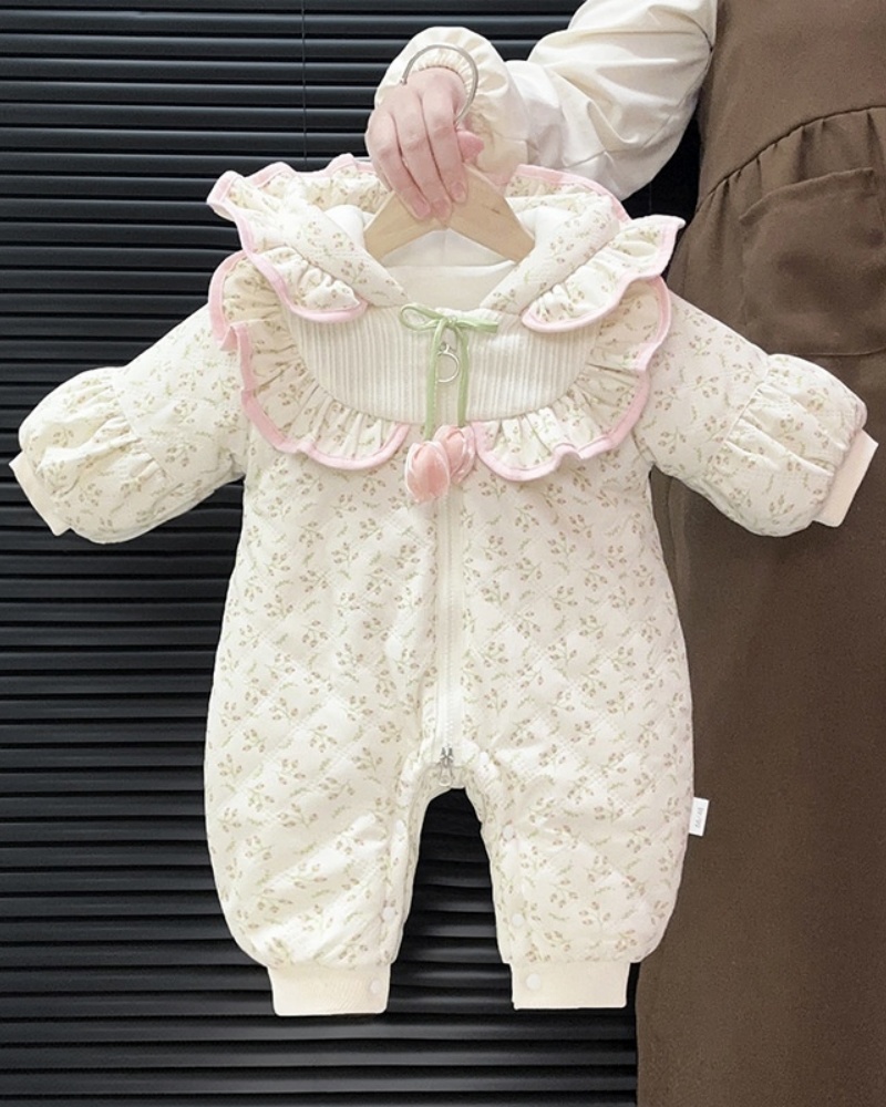 Baby Girl Sweet Floral Hoodie Padded Long Sleeve Romper