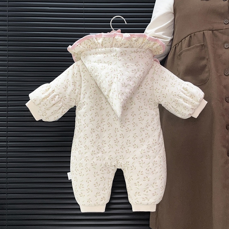 Baby Girl Sweet Floral Hoodie Padded Long Sleeve Romper