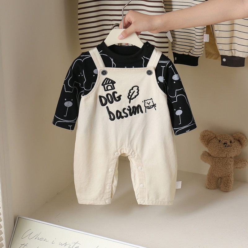 Baby Unisex Animal Print Suspenders Long Sleeve Romper Set