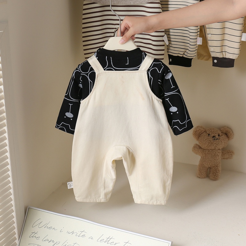 Baby Unisex Animal Print Suspenders Long Sleeve Romper Set