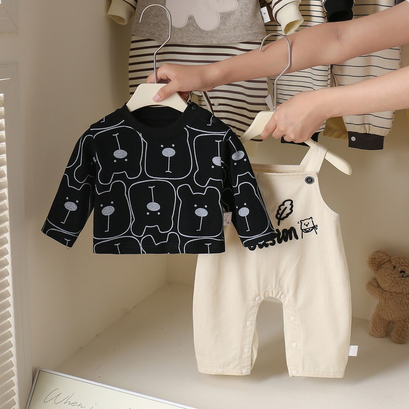 Baby Unisex Animal Print Suspenders Long Sleeve Romper Set