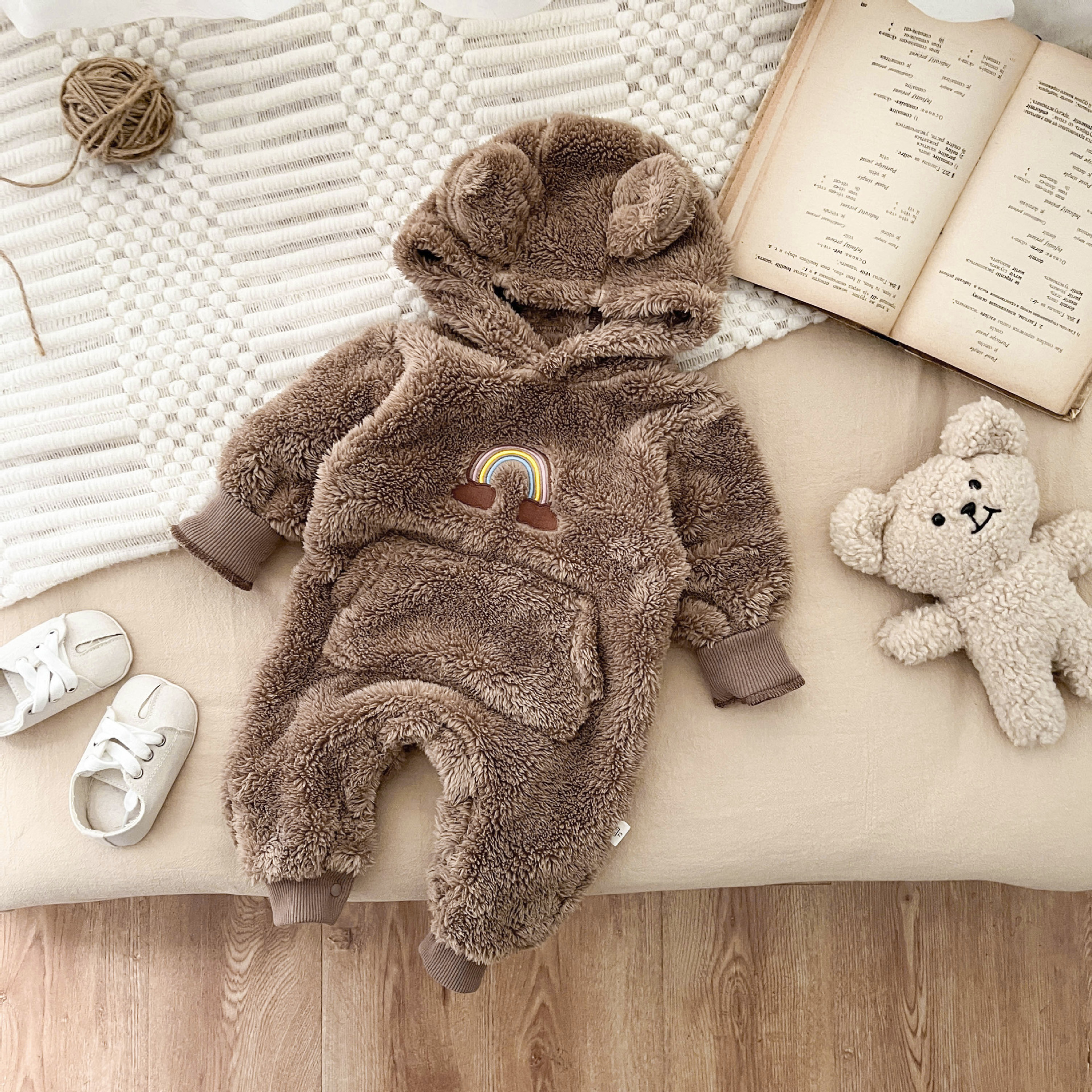 Baby Boy/Girl Cute Bear Design and Rainbow Pattern Fluff Long Sleeve Hooded Romper-kissminis