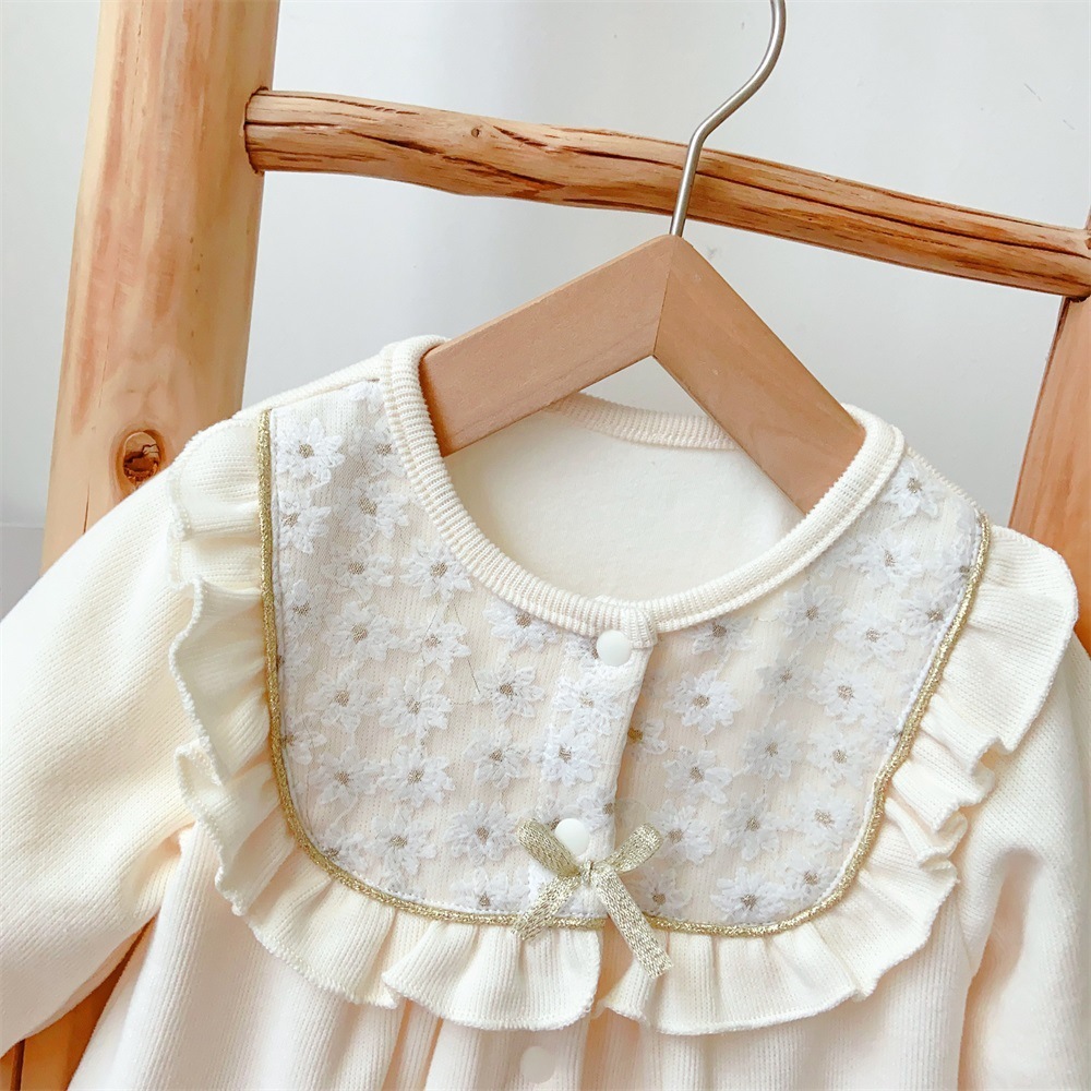 Baby Girl Cute Princess Style Solid Color Allover Flower Embroider Long Sleeve Romper-kissminis